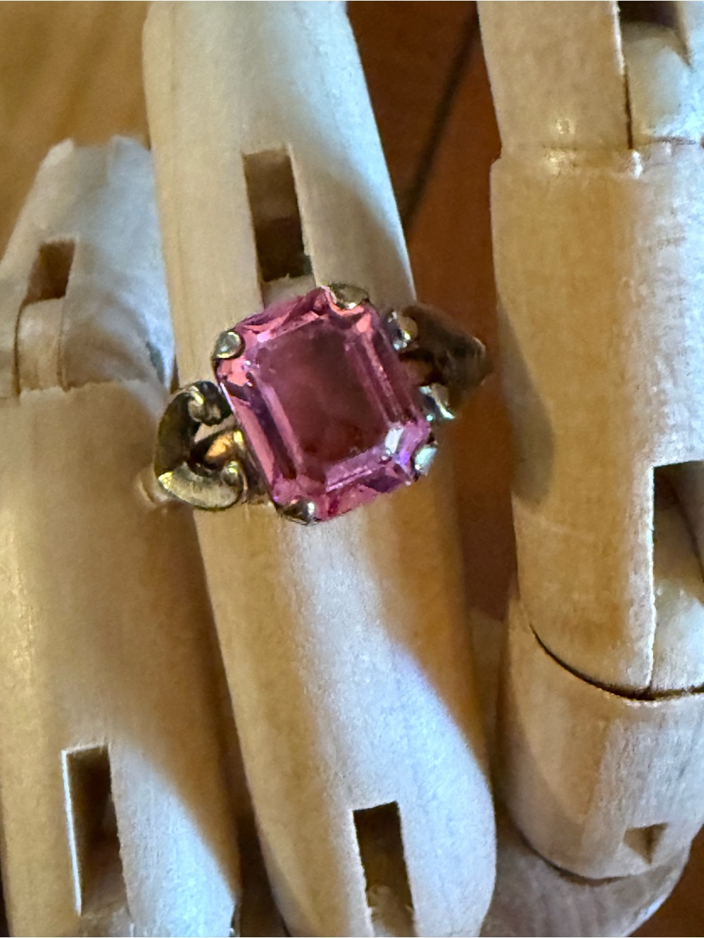 Vintage 10k, gold, fill, pink emerald cut glass cocktail ring, mid century retro
